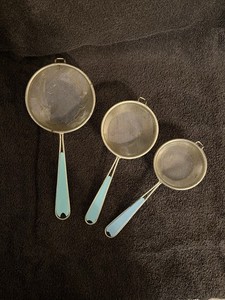 Set of 3 Retro Strainers/Sifters Turquoise/Aqua Blue Handles, Metal Screen