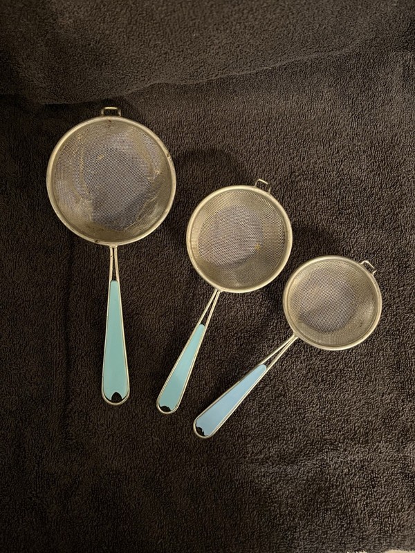 Set of 3 Retro Strainers/Sifters Turquoise/Aqua Blue Handles, Metal Screen