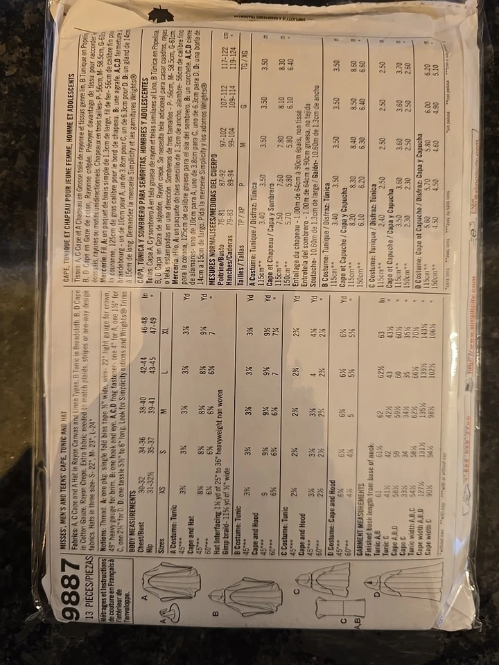 9887 Simplicity Wizard Witch Cape Cloak Hat Costume Sewing Pattern 30-48  Uncut - Image 2 of 2