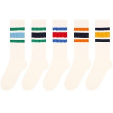 Chunky Ribb Cotton Striped Socks Retro Stripe Crew Socks, 3/5 Pairs with Pres...