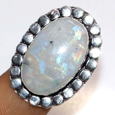 925 Silver Plated Rainbow Moonstone Ring US 8 Vintage Inspired Design Trendy GW