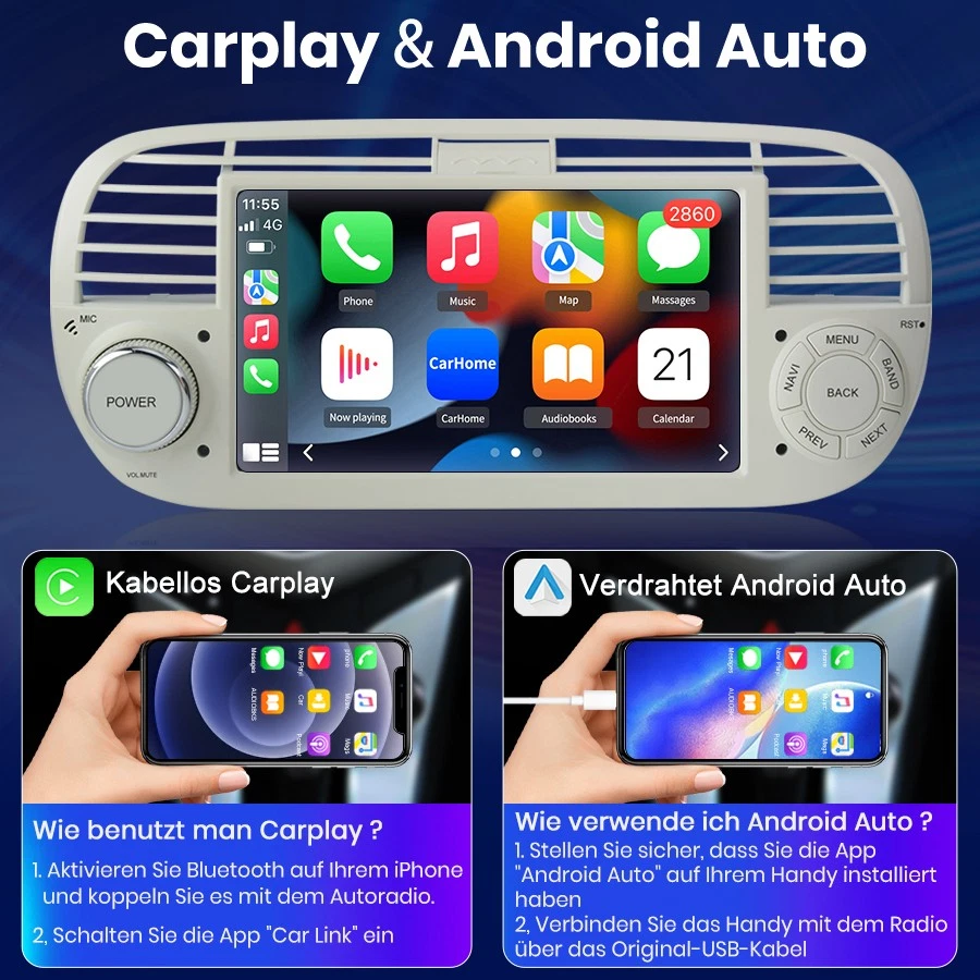 Für Fiat 500 2007-2015 Autoradio Android 13 Carplay GPS WIFI 2+32GB RDS NAVI SWC - Bild 4 von 4