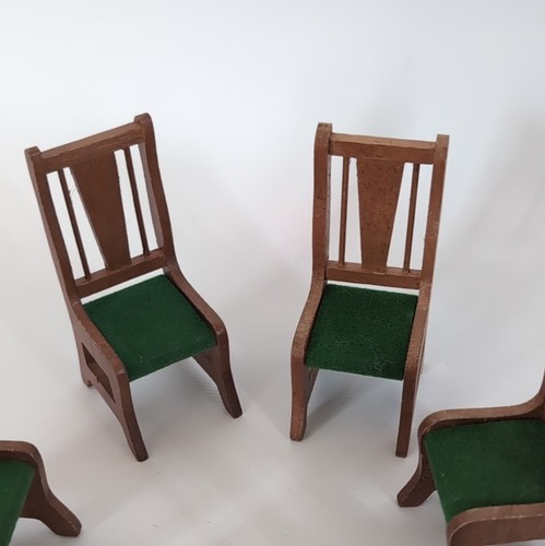 Vintage Lot Of 7 Mission Style Green Back Dollhouse Dining Chairs And Table  - Picture 5 of 8