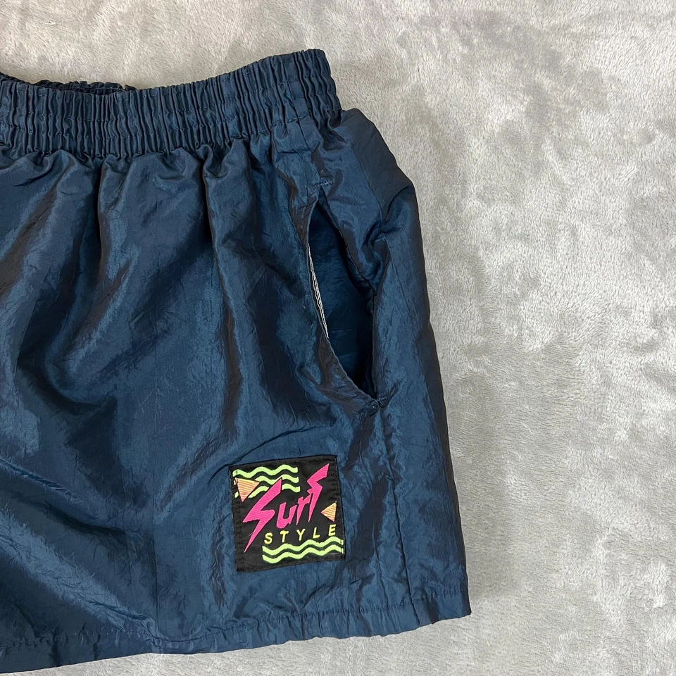 Vintage Surf Style Shorts Mens XL Blue Nylon Swim Trunks Mesh Lined Made USA 90s - Image 4 of 4