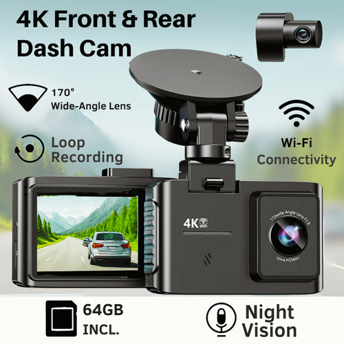 Dash Cam 4K Doppia Anteriore e Posteriore WiFi Telecamera Auto GPS Visione Notturna Loop Record - Foto 1 di 8