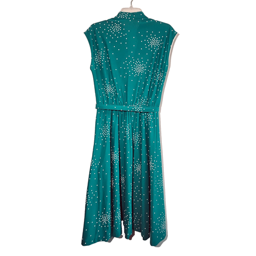 Vtg Lady Carol of New York Teal White Polka Dot Sleeveless Dress Bust 34" Belt - Picture 2 of 19