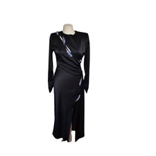 Zara Black Satin Effect Midi Dress with Jeweled Leaf shaped appliqu Sz. Med