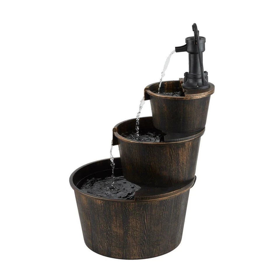 Alpine Corporation Waterfall Barrel Pump Fountain 3-Tier Plastic Rustic Brown - Image 3 of 4