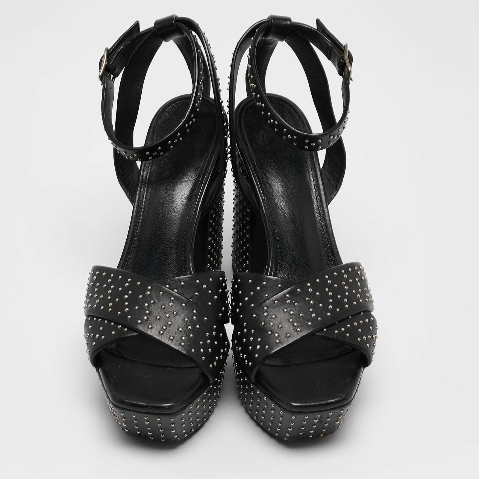 Sandali Saint Laurent neri in pelle con borchie Farrah incrociate plateau taglia 36