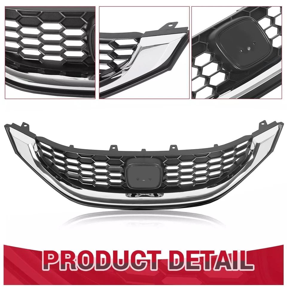 For Honda Civic Sedan 2013-2015 Front Bumper Upper Grille Grill W/Chrome Trim Foto 4 de 4