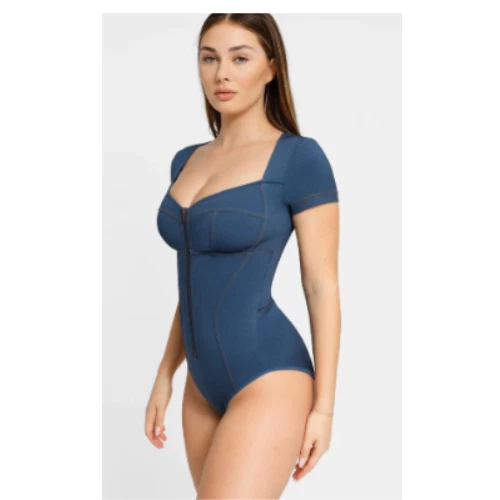 Popilush Negro Denim Prendas moldeadoras Cuello Bodycon Tanga Body Manga Corta Azul XL Foto 3 de 4