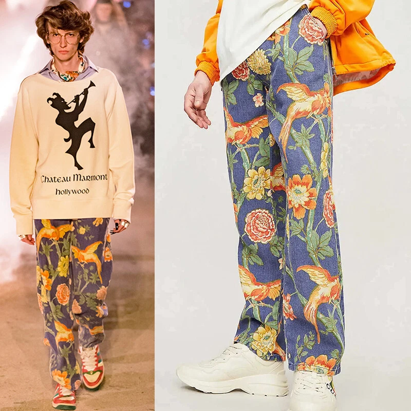 Gucci — 34 NEW $1500 GUCCI RUNWAY Men Blue FLORAL PRINT 100% Linen Relax TROUSERS PANTS