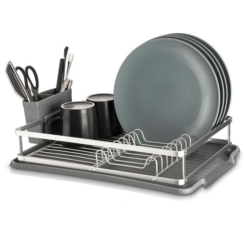 LIVIVO Aluminium Dish Drainer Rack Grey w/ Cutlery Holder & Removable Drip Tray - Picture 10 of 19