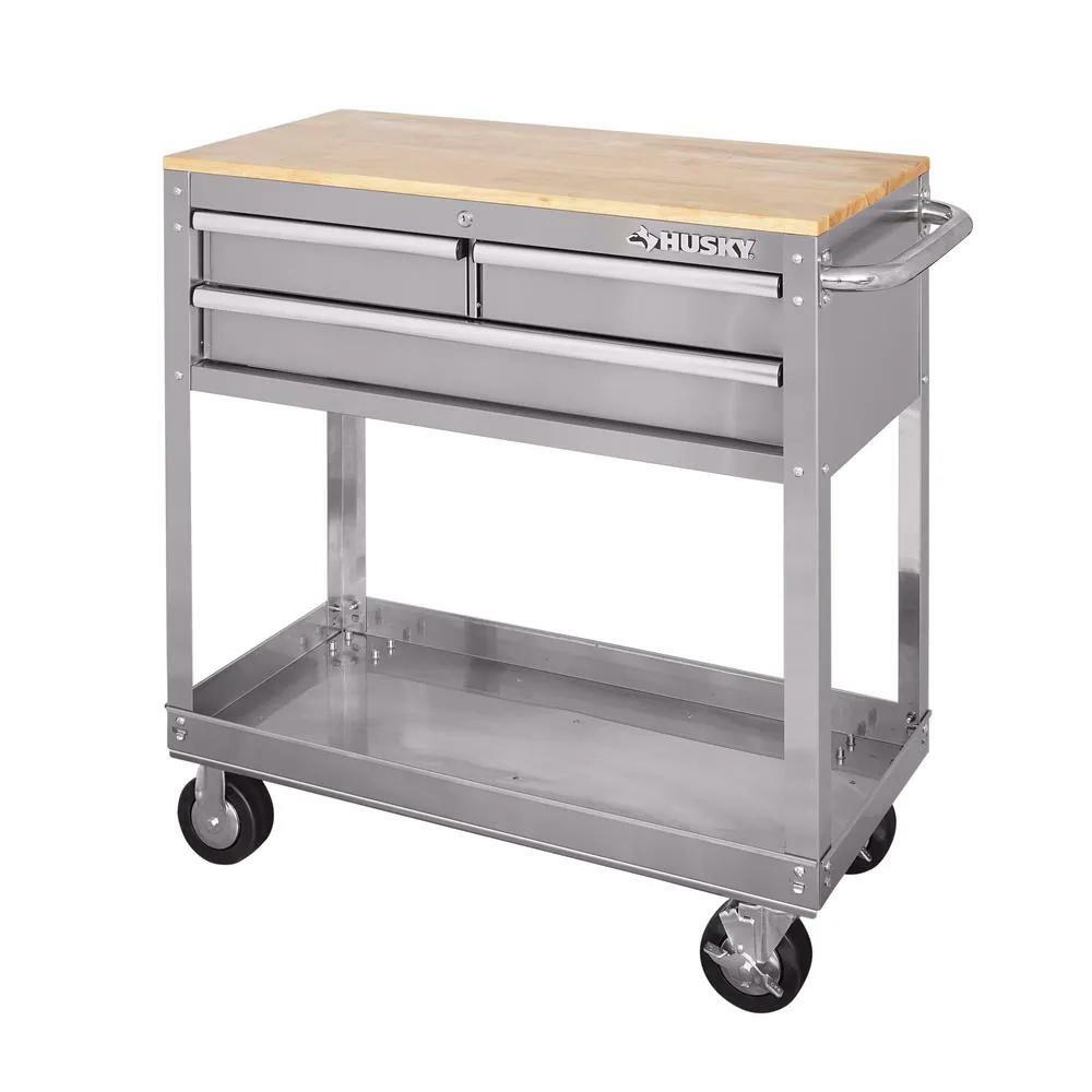 36 in. 3-drawer with solid wood top, stainless steel utility