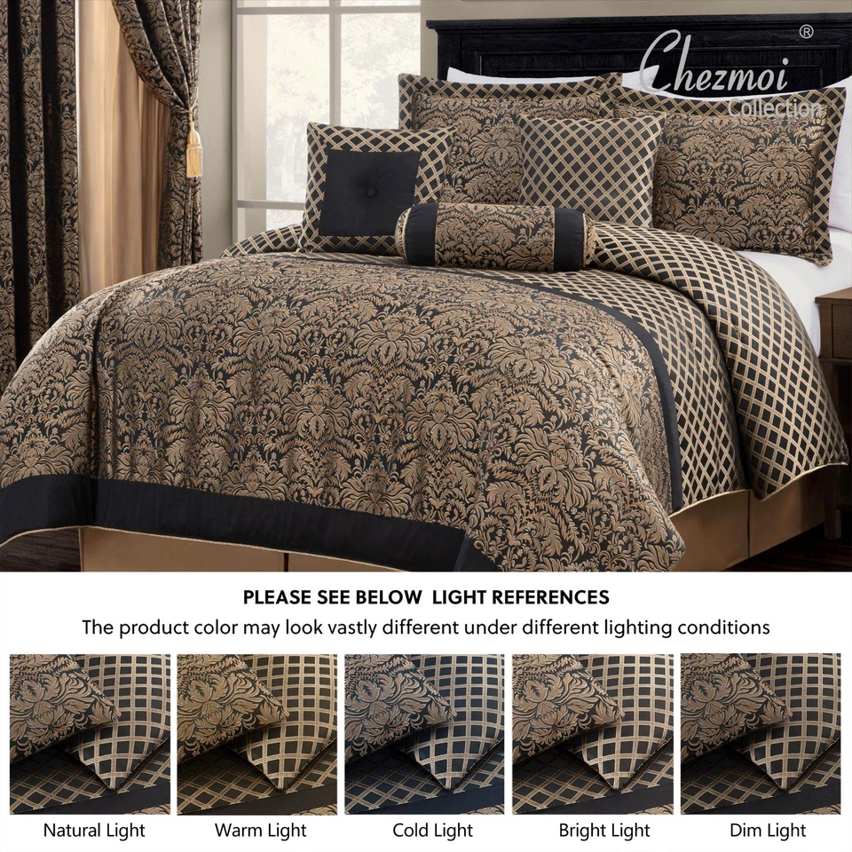 Chezmoi Collection 7-Piece Black Gold Jacquard Woven Floral Comforter Set - Image 3 of 4