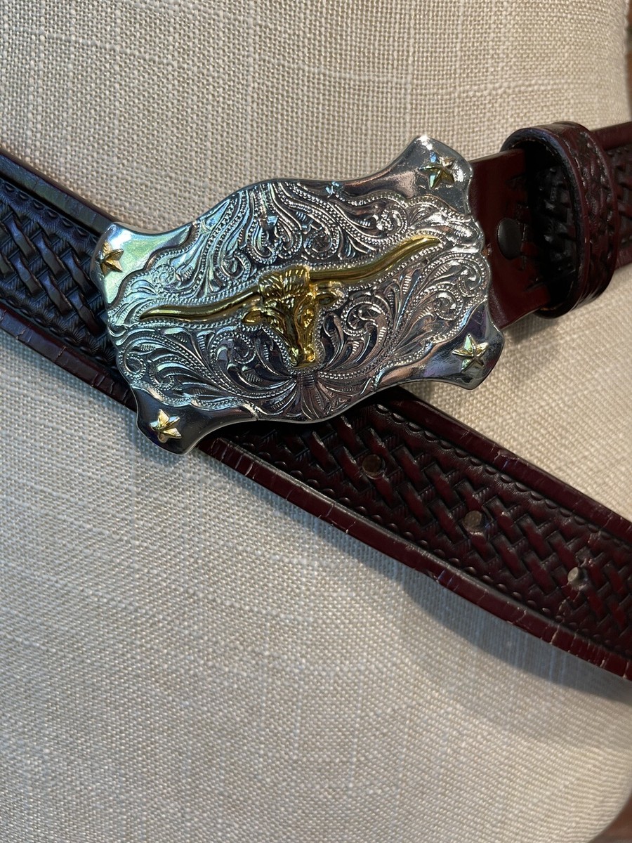 Tony Lamas Leather Belt NWOT NWOT Vtg 80s TONY LAMA Gray Blue Orange Stitched Leather  main image 2