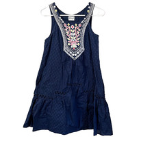 Maeve Womens Navy Blue Embroidered Dress Boho Swing 0 Sleeveless Textured Anthro