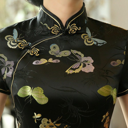 Damen Cheongsam Qipao Langes Kleid Schmetterling Mandarine Kragen Stickerei DE - Bild 6 von 18