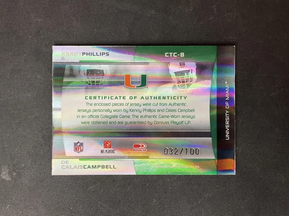 Camiseta deportiva Donruss Elite #CTC-8 2008 Kenny Phillips/Calais Campbell doble/100 Foto 2 de 2