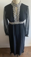 VTG Black Dress Silver Metallic Soutache Trim Sheer Sleeves Keyhole Neckline sz9