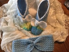 Beautiful Handmade Crochet Slippers And Headband, ladies 8, includes gift box