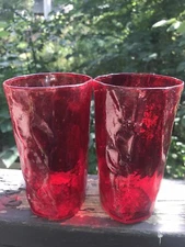 2 Vintage Flat Iced Tea Glass Tumbler Morgantown Crinkle Pattern Ruby Red 5.5”