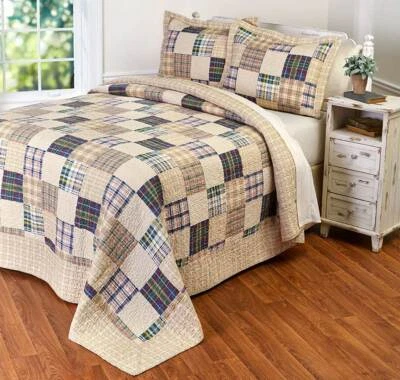 QUALITY NEW! ~ COZY PATCHWORK PLAID BLUE NAVY BROWN RED GREEN LOG CABIN LODGE QUILT SET