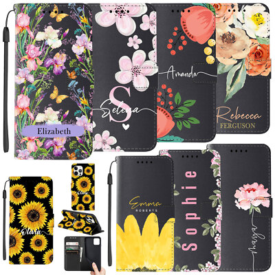 For iPhone 16 Pro Max 12 13 14 15 Floral Personalised Wallet Leather Case Cover