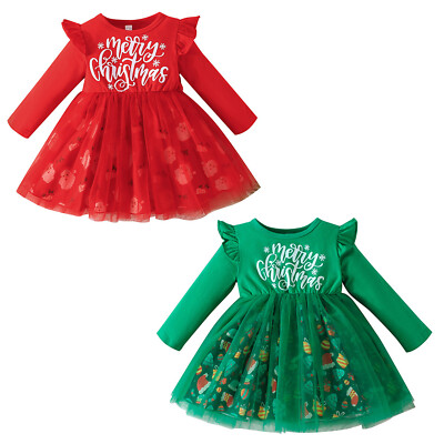 Toddler Christmas Tutu Dress Baby Girls Outfit Long Sleeve Ruffle Tulle  Birthday | eBay