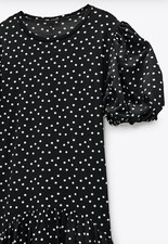 WornOnce Black&White Textured ZARA Polka Dot Spot Midi Puff Sleeve Dress S 10/12