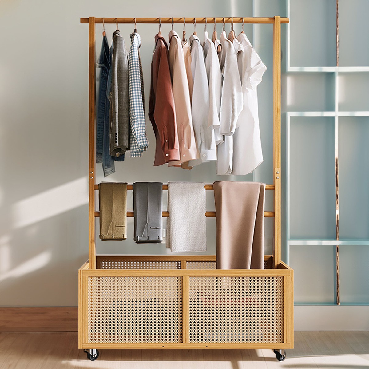 Mobile Bamboo Clothes Rail Rack with Shelf Bedroom Garment Hanging Display  Stand