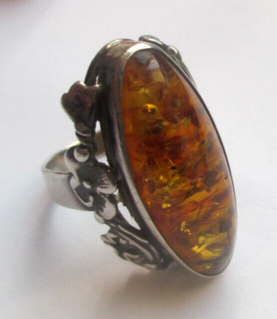 Bague Ancienne Argent Massif 925 Avec Ambre Véritable - Taille 60 - Vintage Parfaite