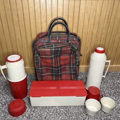 Picnic Set Vintage Thermos Travel Lunch Box Kit Canvas Vinyl Bag Plaid 70s 80s