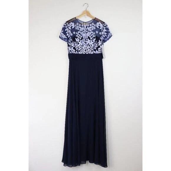 NWT JS Collections Embroidered Illusion Bodice Gown Floral Chiffon Maxi Blue 8 - Image 4 of 4