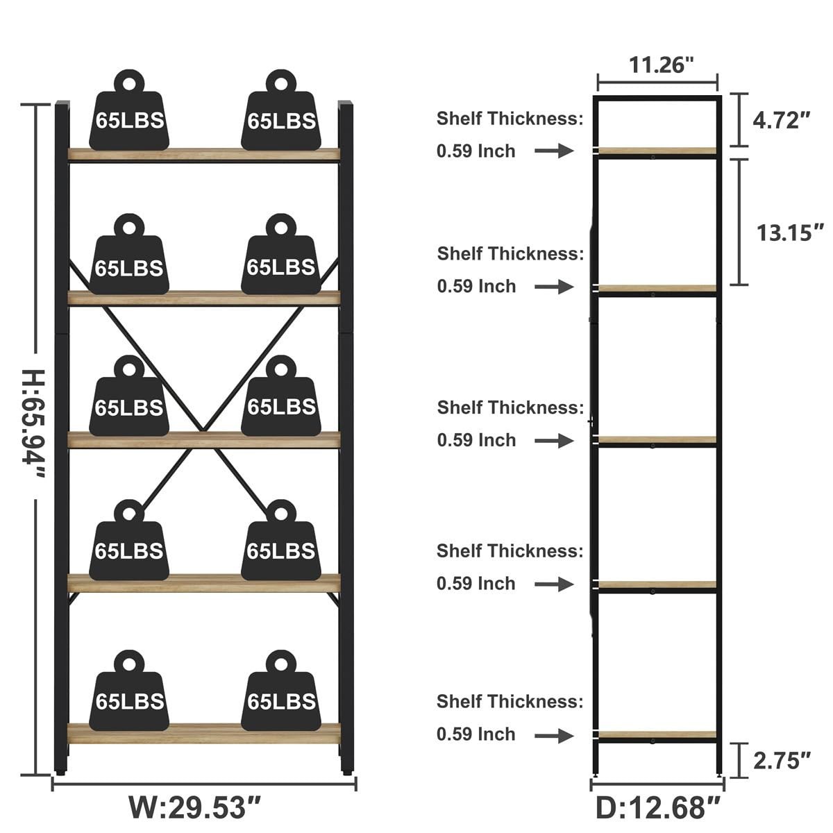 5 Tier Bookshelf, Industrial Wood and Metal Book Shelves for Display, Tall Et...