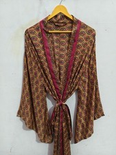 Bell Sleeves Long Silk Kimono Robe, Floral Paisley Print Gown , L-498