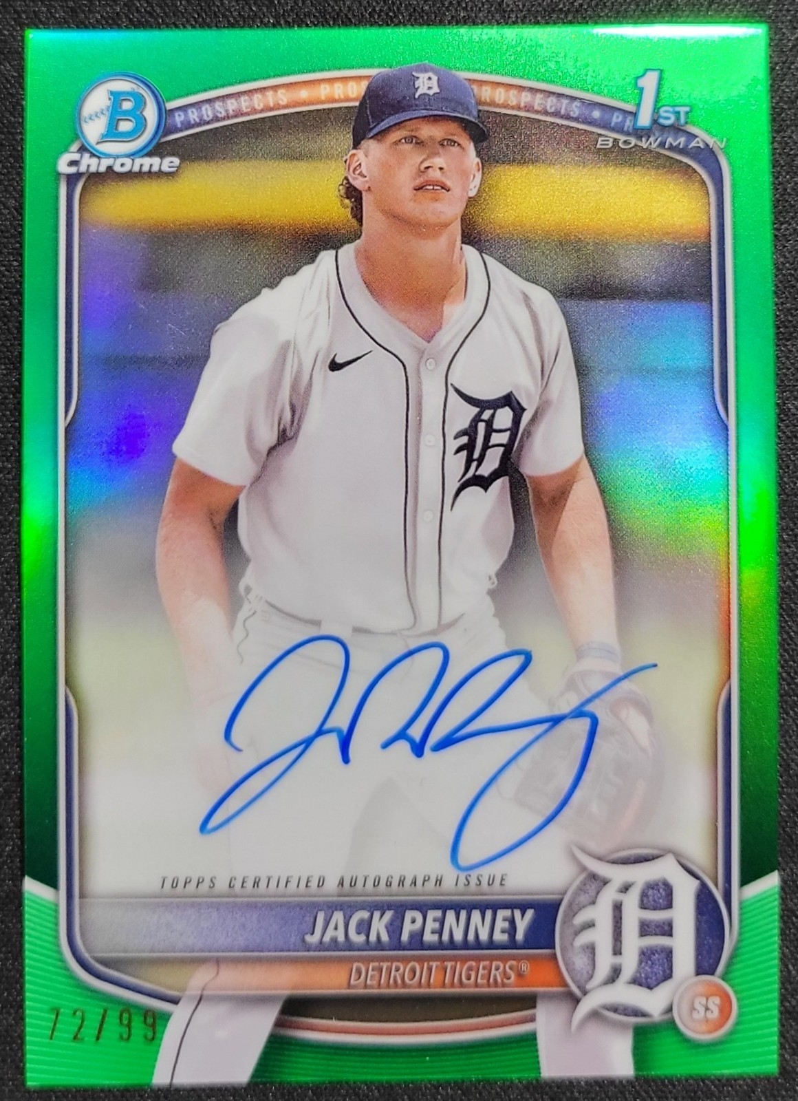 JACK PENNEY 2025 BOWMAN CHROME GREEN REFRACTOR 1ST BOWMAN AUTO /99 TIGERS SPRC