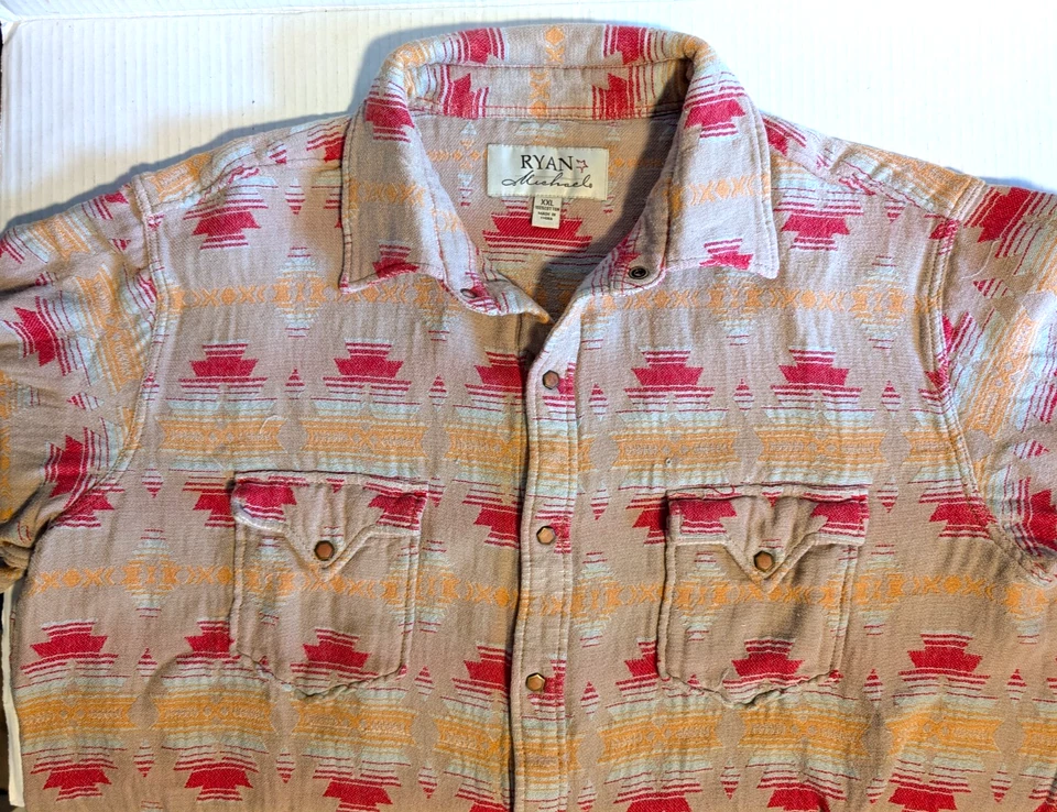Camisa occidental Ryan Michael para hombre manga larga a presión beige azteca suroeste - talla XXL Foto 2 de 4