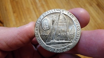 1991 ISLE OF MAN AMERICA'S CUP CHALLENGE SAN DIEGO ONE 1 CROWN COIN - VERY RARE