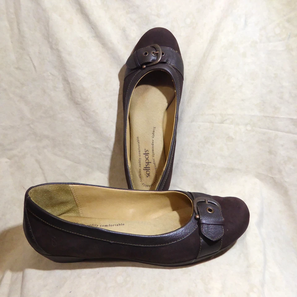 🩰 Softspots Ballet Pisos 10 M Cuero Marrón Cacao Gamuza; Hebilla Correas Acentos Foto 2 de 4