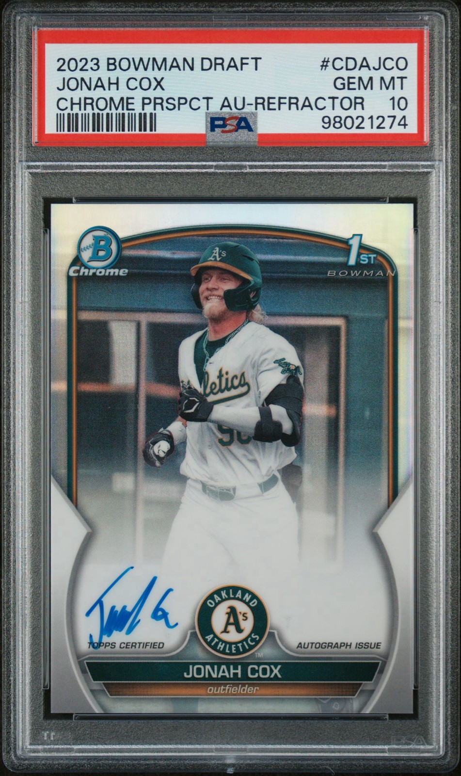 2023 Bowman Draft 1st Chrome Auto Jonah Cox Refractor /499 Gem Mint PSA 10