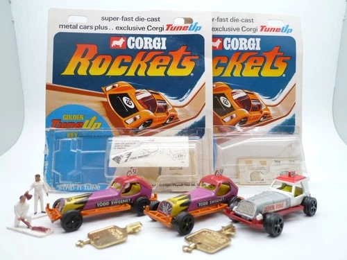 VINTAGE CORGI ROCKETS D919 920 STOCK CAR TRIO + 2x BLISTER / KEYS / FIGURES 1969