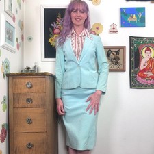 Vintage Aqua Ultrasuede Suit, 1970s Faux Suede Skirt Suit by Abe Schrader, Sz XS