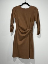 Tommy Hilfiger Brown Sheath Dress Ruched Knee Length 3/4 Sleeve Crew Neck Zip 2