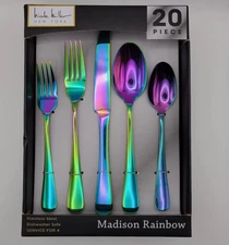Nicole Miller 20-Piece Rainbow Flatware Set - Modern Stainles Steel Kitchen Uten