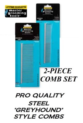 Image showcasing Master Grooming Tools Greyhound Style 2 pc PRO SET COMB Steel Kit Pet ...