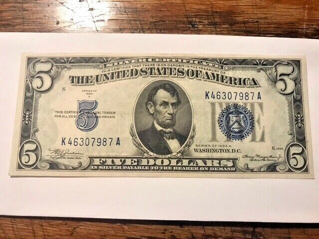 1934-A 5 Five Dollar Silver Certificate Blue Seal Unc #17555 | eBay