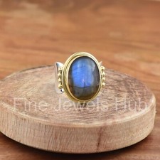 Blue Labradorite 925 Sterling Silver Ring, Natural Gemstone Ring, Two Tone Ring