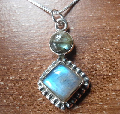 Double Gem Blue Labradorite Pendant 925 Sterling Silver Corona Sun Jewelry c82b