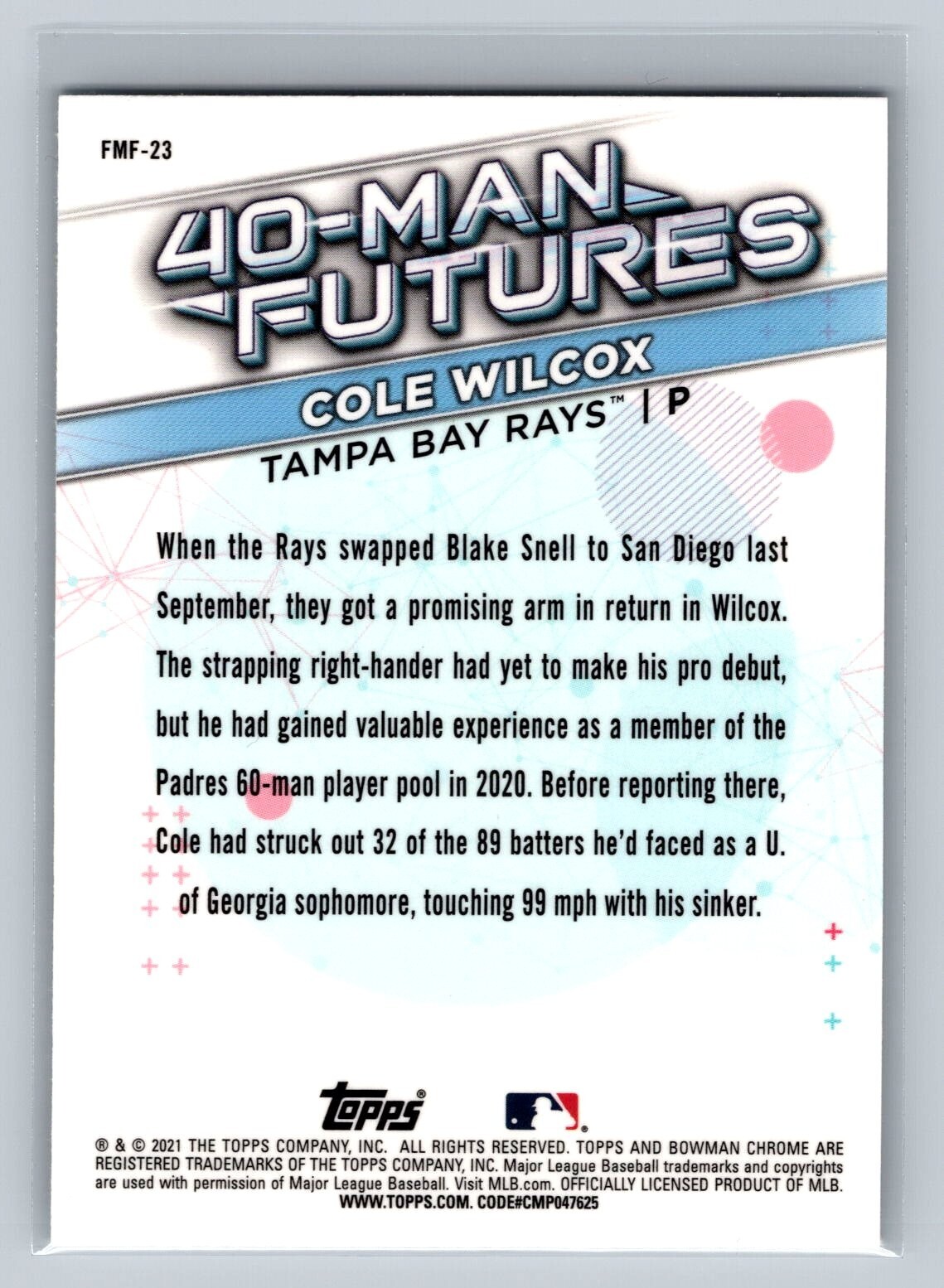 2021 Bowman Chrome 40-Man Futures #FMF-23 Cole Wilcox Tampa Bay Rays